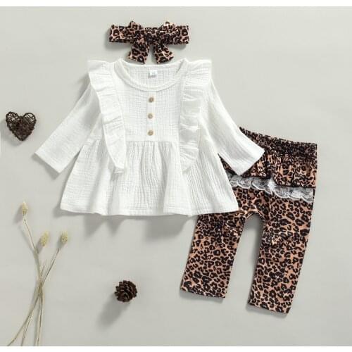 Lovely Autumn New Baby Girls 3Pcs Clothes Set Long Sleeve Button Front Ruffle Bubble Cotton Tops+Leopard Pants+Headband Outfits
