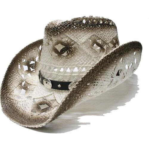 LUCKYLIANJI Womens Mens Unisexs Punk Vintage Wide Brim Straw Sun Beach Cowboy Cowgirl Western Hat Leather Band (58cm)