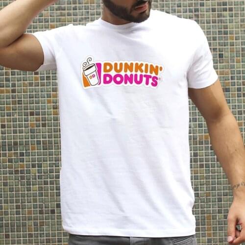 Dunkin Donuts Funny Letters Printed Men Tshirt Loose Breathable Summer Male Short-sleev Tops Graphic Black White Streetwear Tee