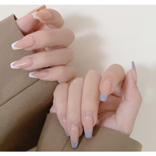 French Fake Nail Art Tips Glossy Full Cover Fake Nails Wearable Long Ballerina Press on Coffin False Nail with Glue Design