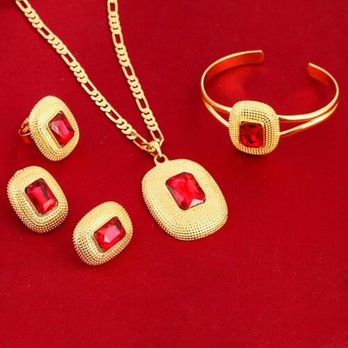 New African Gold Jewelry Huge Stone Popular Sets Pendant Earrings Bangle 24K Gold Color Classical Set