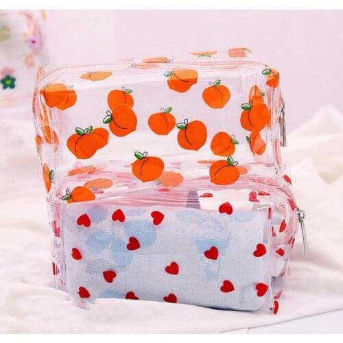 PVC Pencil Case Transparent Peach Heart Flowers Pattern Makeup Bag for Girls Stationery Bag School Supplies Pouch