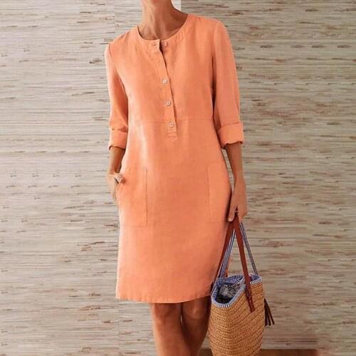 Women Dress Solid Color Pockets Summer Round Neck Long Sleeve Buttons Dress Large Solid Button Casual for Dating