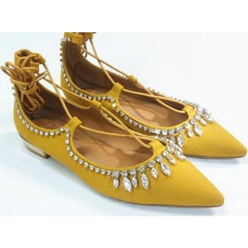 Luxury Ctystal Tassel Women Point Toe Ballet Flats Fashion Lace Up Ladies Sweet Style Dress Shoes Ankle Bandage Female Sexy Shoe