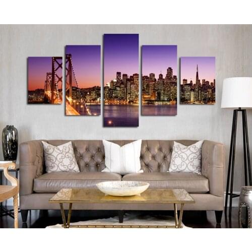 San Francisco-Oakland Bay Bridge pictures brightly-lit night landscape print art canvas painting unframed 5 piece large