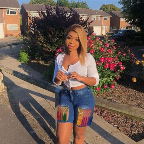 Denim Shorts Women Tassel Spliced Jeans Shorts Stretch High Waist Casual Slim Trousers Female Summer Fashion Jeans Large Size