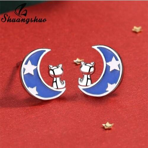 Shuangshuo Bule Korean Style Moon Cat Stud Earrings for Women Forever Love Animal Ear Earrings piercing Jewelry Girlfriend Gifts