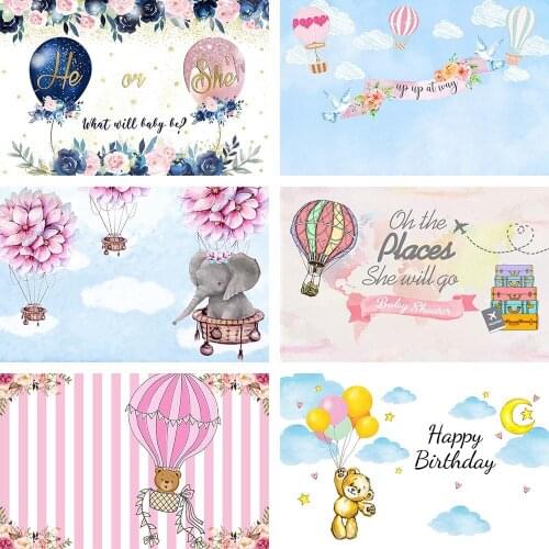 Hot Air Balloon Gender Reveal Backdrops Clouds Boy Or Girl Baby Shower Birthday Banner Photography Background Photo Studio Props
