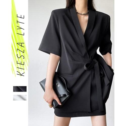 Women Casual Blazers For Summer 2021 High Fashion Lace Up Loose Short Sleeve Suits Baggy Blazer Jackets All Match Outwear