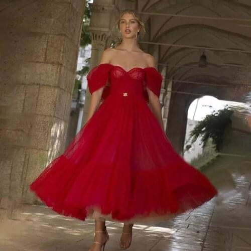 New Red/Burgundy Off Shoulder A Line Short Wedding Dress Robe Mariee Sweetheart Tea Length Tulle Bridal Gown vestido de novia