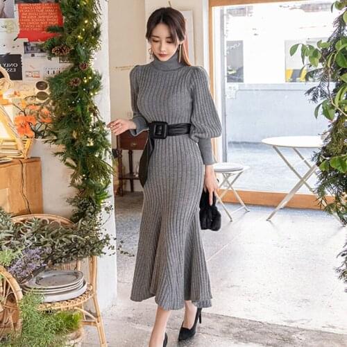 2021 Autumn Winter Women Elegant Simple Base Dress High Neck Knitted Dress Lantern Sleeve Mermaid Dress