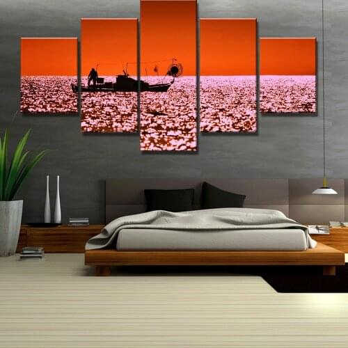 HD Print Painting 5 Piece Canvas Art Sea Fisherman Sunset Cuadros Landscape Canvas Wall Art Home Decor For Living Room Picture