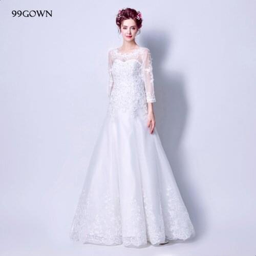 99GOWN Satin Ivory 2021 Women Wedding Dress Long Sleeve Luxury Beading A-Line Elegant Tulle Bridal Wedding Dresses