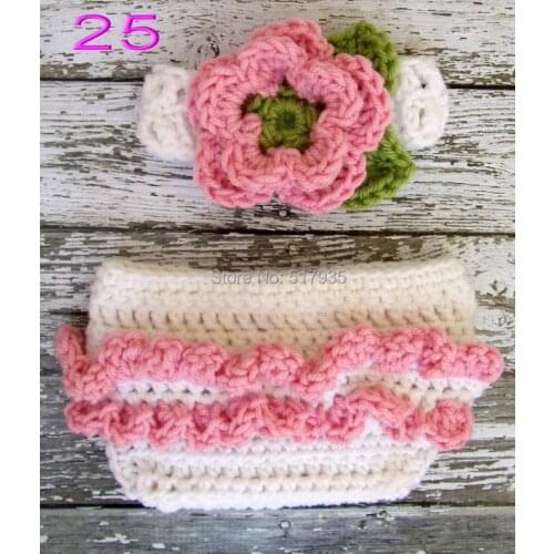 Free shipping,pink Girl Crochet Ruffled Diaper/ Nappy Cover with Matching headband Set Photo props
