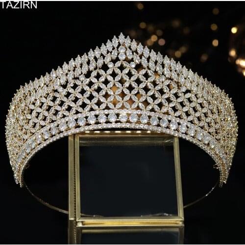 Big Tiaras Zircon Crowns For Women Wedding Gold Hair Accessories Bridal Diadem Full CZ Jewelry Accessories Queen Party Headwear