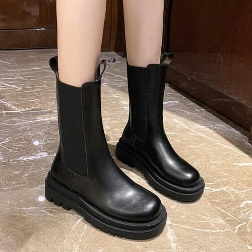 Chelsea Boots Chunky Boots Women Winter Shoes PU Leather Plush Ankle Boots Black Female Autumn Vogue Platform Booties