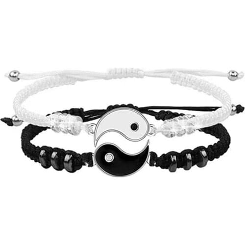 Tai Chi Yin Yang Couple Bracelets Alloy Pendant Adjustable Braid Chain Bracelet Necklace Matching Lover Bracelets Necklaces