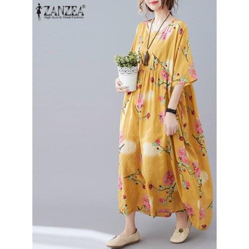 Elegant Printed Dress Womens Summer Sundress ZANZEA 2021 Half Sleeve Maxi Vestidos Female Casual O Neck Floral Robe 7