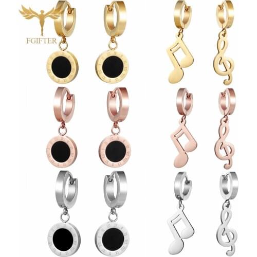 FGifter 2021 Women Hoop Earrings Surgical Steel Earring Music Note Round Pendant Clip Style Hoops Female Jewelry