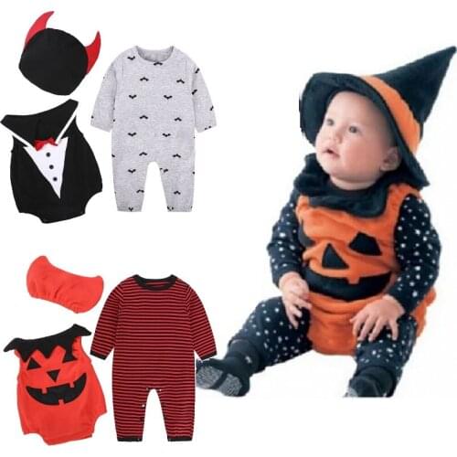 Halloween Baby Boy Clothes Sets Pumpkin Costumes Newborn Rompers Hat Bat Suits Infant Jumpsuits Tuxedo Grey Babies Outfits Cap