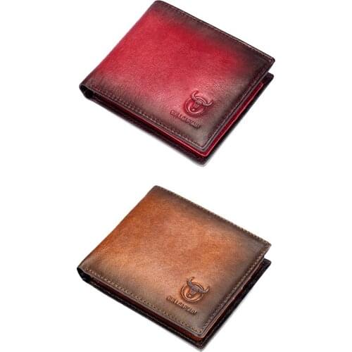 BULLCAPTAIN RFID Mens Leather Anti-Theft Brush Wallet Double Ultra-Thin Short Wallet Multi-Card Position ID Bag