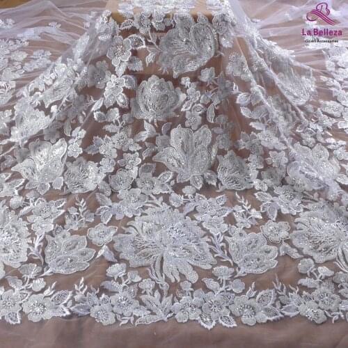 La Belleza new heavy beaded wedding dress lace fabric pure white beads sequins lace fabric big flowers pattern lace 1 yard