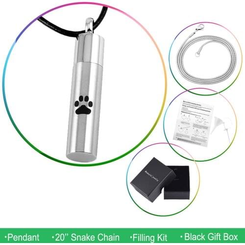 MJD8168 Pet Paw Engraved Cylinder Keepsake Urn Jewelry Stainless Steel Ash Locket Cremation Jewelry