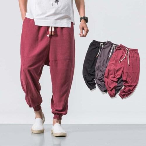 Fashion Chinese Style Casual Mans Pants Retro Trend Bloomers Japanese Mid Waist Cotton Linen Lace Up Loose Solid Color Outfits