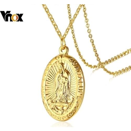Vnox Stainless Steel Mens Necklaces Virgin Mary Pendants Gold Tone Religious Prayer Jewelry 20" Chain