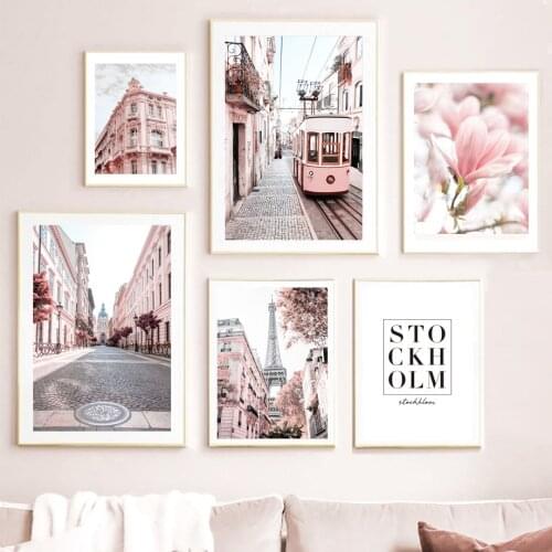Paris Tower Cherry Blossoms Tram Building Wall Art Canvas Painting Nordic Posters And Prints Wall Pictures For Living Room Decor