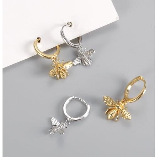 Real 100% 925 Sterling Silver Jewelry Punk Insect Bee Stud Earrings for Fashion Women Femme Animal Bohemia Accessories