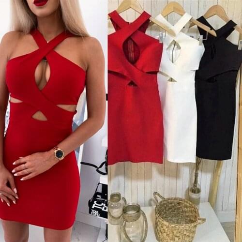 Sexy Women Summer Solid Color Pencil Dress for Party Night Club Hollow Out Design Halter Sleeveless V-Neck Slim Hips Mini Dress
