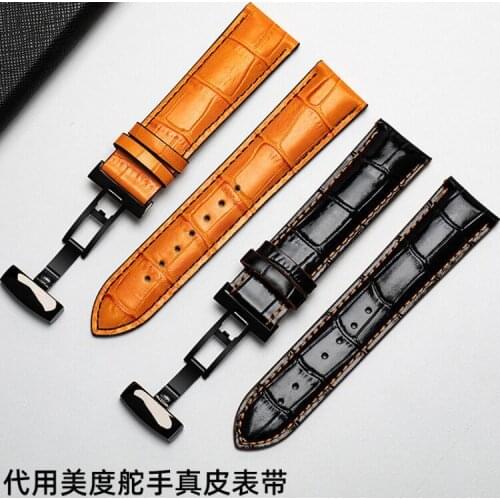 Genuine Leather Strap Multifort M005 Cowhide Bracelet Black Butterfly Clasp 22 23mm