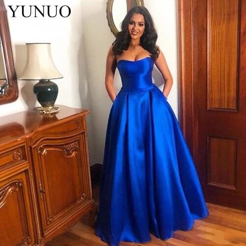 YuNuo Strapless Royal Blue A Line Prom Dresses Sleeveless Backless Floor Length Satin 2019 New Formal Evening Party Gown N12