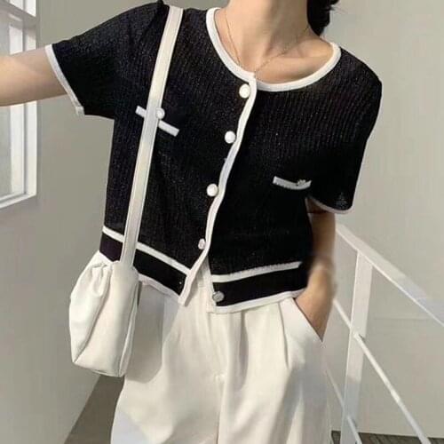 Womens T Shirt O-Neck Fashionable Hollow Out Button Knitted Cardigan Female Short Sleeves Tops Thin Breathable Shirts
