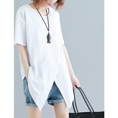 Irregular Cotton Solid Women T-Shirts 2021 Summer New O-Neck Short-Sleeved Loose Casual All Match Female Pulls Tops Tees