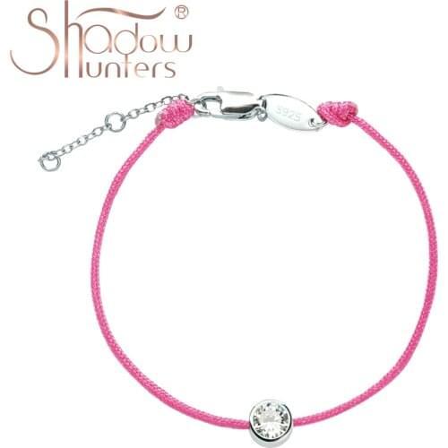 SHADOWHUNTER Classic 925 Sterling Silver Clear Single Crystal Charm Pink String Bracelet Extension Chain For Women Chic Jewelry