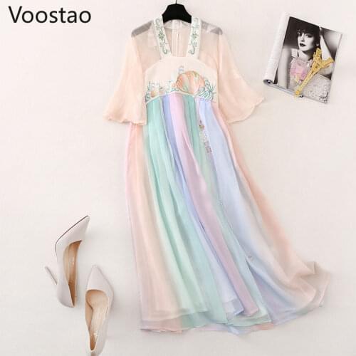 Summer Chinese Style Traditional Ancient Hanfu Chiffon Dress Women Elegant Vintage Rainbow Embroidery Oversize Princess Dress