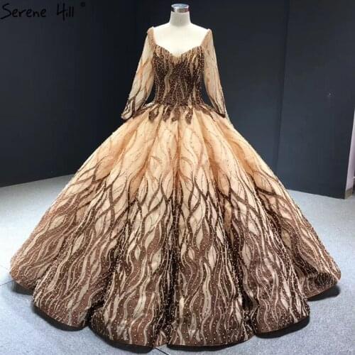 Gold Brown Pearls Design Plus Size Wedding Dresses 2020 Long Sleeves Sexy High-end Bridal Gowns BHA2352 Couture Dress