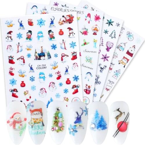 1Pcs 3D Snowman Adhesive Cartoon Nail Sticker Leaf Snowflake Art Decoration Christmas Deer Design Slider Manicure LYCA717-724