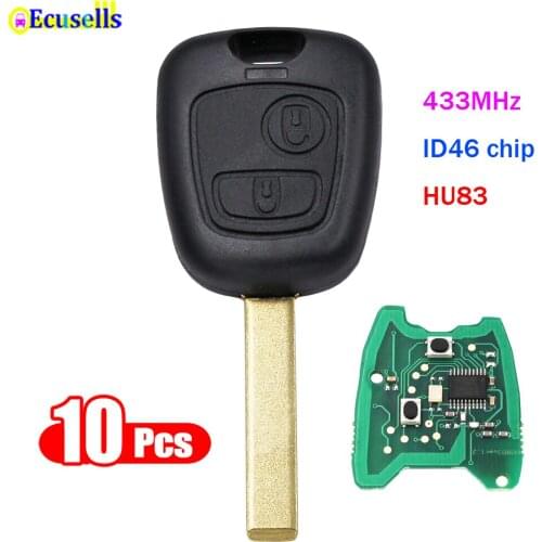 10Pcs/Lot FOR PEUGEOT 307 2 BUTTON REMOTE KEY 433MHz with Transponder Chip ID46 Uncut Key Blade HU83 with Groove
