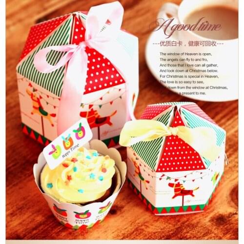 100pcs/lot Merry-Go-Round Candy Box Cookie Boxes With Ribbon Hexagon Design christmas gift box wedding favors and gifts