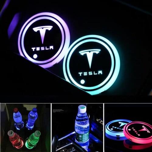 2Pcs Car Interior For Tesla Model 3/S/X USB Charging Colorful Intelligent Led Water Cup Luminous Coaster Car Atmosphere Ligh