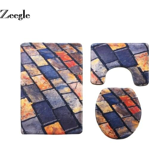 Zeegle Chromatic Brick Flannel 3Pcs Mats For Bathroom And Toilet Non-slip Floor Mat Bath Rugs Absorbent Pad Rug Toilet Lid Cover