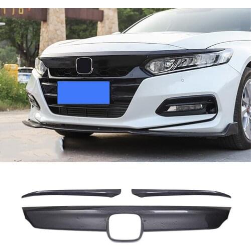 3pcs Black Carbon Fiber Look Front Center Grille Center Grill Cover Trim Fit For Honda Accord 2018-2021 10th Gen