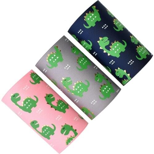 50yards 75mm Gold Foil Ink Printed Dinosaurs Green Dinosaur Grosgrain Ribbon For DIY Accessories Welcome Custom Printed