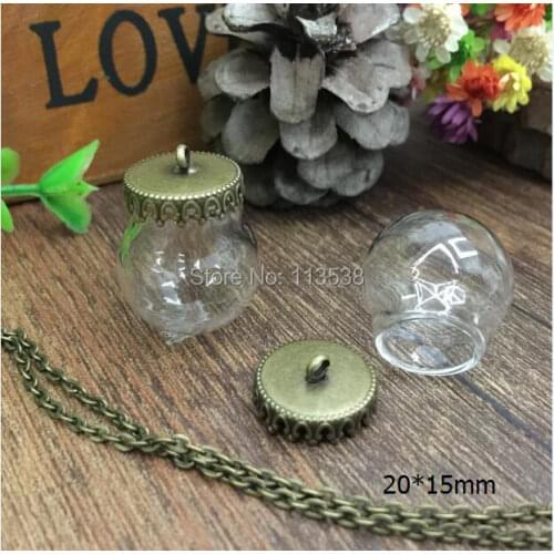 Free ship!!! 20sets/lot 20*15mm glass globe & bronze crown base set glass globes set glass vial pendant glass cover round ball