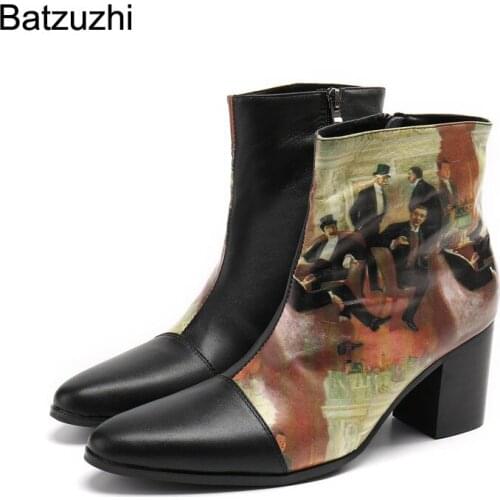 Batzuzhi British Style Mens Shoes Pointed Toe Fashion Personality Black Print Short Boots Men Knight/Party/Show Botas Hombre