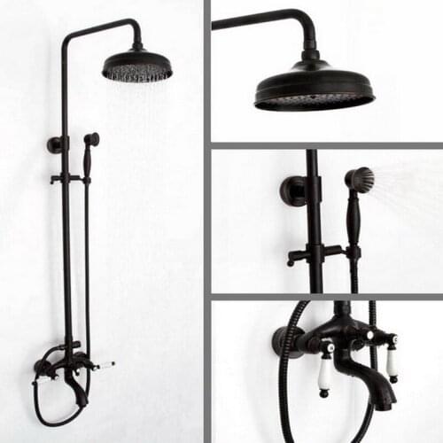 Oil Rubbed Bronze Wall Mounted Dual Ceramic Handle Bathroom Rain Shower Faucet Set + Handheld Shower and Tub Mixer Tap ahg044