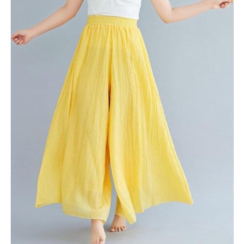 2021 New Spring Summer Retro Loose Cotton Linen Wide Leg Pants Women Large Size Elastic High Waist Beach Full Length Trousers